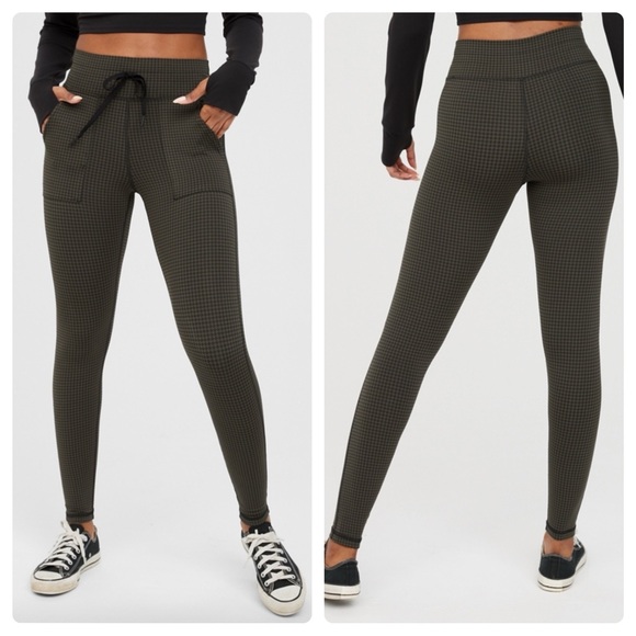 NEW Aerie Offline Mini Houndstooth Drawcord High Rise Legging Nomad Olive Small - Picture 2 of 4